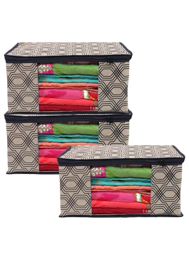 Kuber Industries Non-Woven Geometric Print Saree Covers With Zip|Wardrobe Organizer For Clothes|Transparent Window Keep 8 To 10 Saree|Suitable For Lehenga, Suit, Dress|Pack Of 3 (Beige & Black)  - Image 1