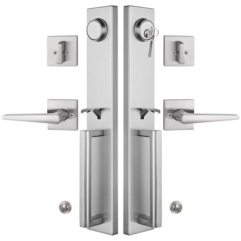 NEWBANG Brushed Nickel Double Door Handle Set,(Keyed and Dummy Set),MDHST2016SN-SET-BR-1 - Image 1