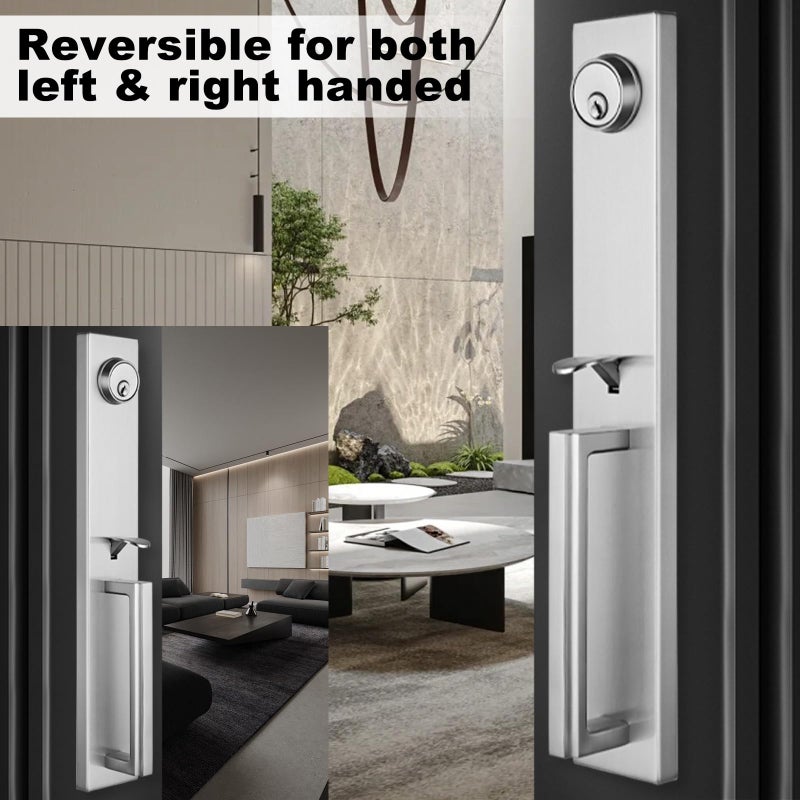 NEWBANG Brushed Nickel Double Door Handle Set,(Keyed and Dummy Set),MDHST2016SN-SET-BR-1 - Image 3