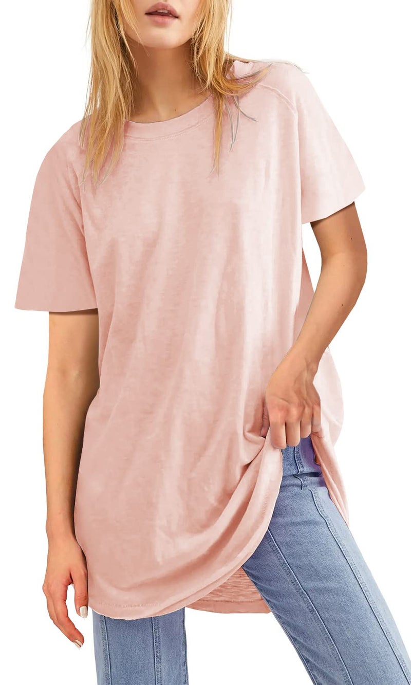 Fisoew Womens Oversized T Shirts Short Sleeve Tunic Tops Crew Neck T-Shirts Summer Casual Loose Fit Basic Tee Pink - Image 1