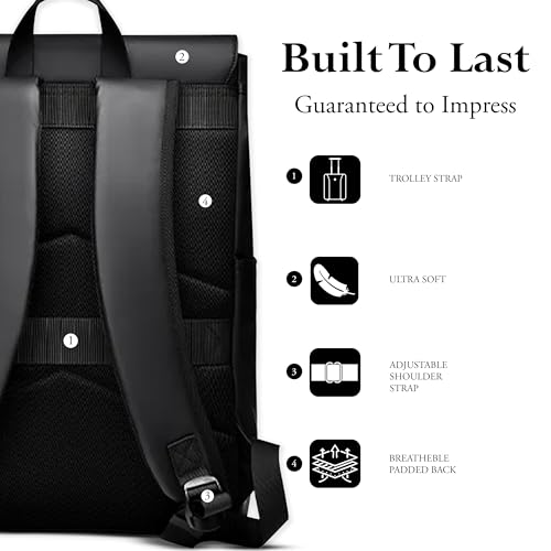 REDHORNS Water Resistant Pemium Laptop Backpack for Men and Women, PU Leather 25L Backpack for Business Travel, Top Open Office Backpack with Trolley Sleeve (BP2088A-Black) - Image 5