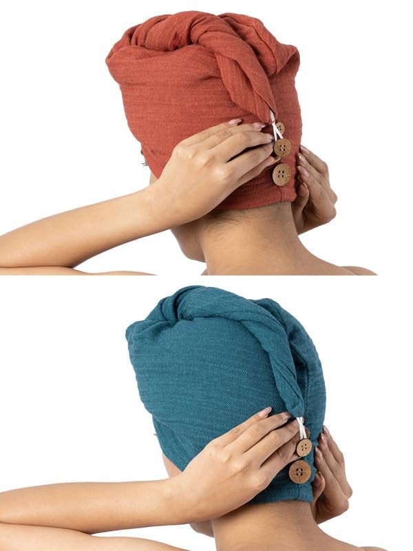 Doctor Towels Doctor Towels Banana Double Cloth Hair Towel Pack of 2 Hair Wrap for Women Towel for Long Short Hair AntiFrizz Shower Hair Towels with Button QuickDrying Hair Cap Terracotta Teal