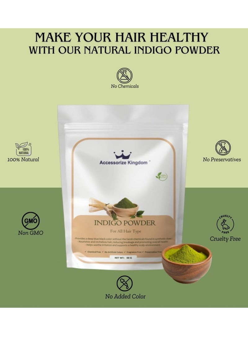 مملكة الإكسسوارات مسحوق نيلي (50 جم) - نقي وطبيعي 100٪ | مناسب لجميع أنواع الشعر | يوفر لونا أزرق-أسود عميقا مع فوائد مغذية وترطيبة - Image 2