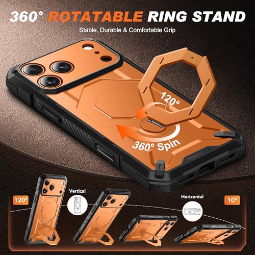 TONGATE for iPhone 17 Pro Case with 360° Spin Magnetic Stand, [Compatible with MagSafe][Military-Grade Protection] with Privacy Screen Protector & Camera Control Cover for iPhone 17 Pro, Orange - Image 4