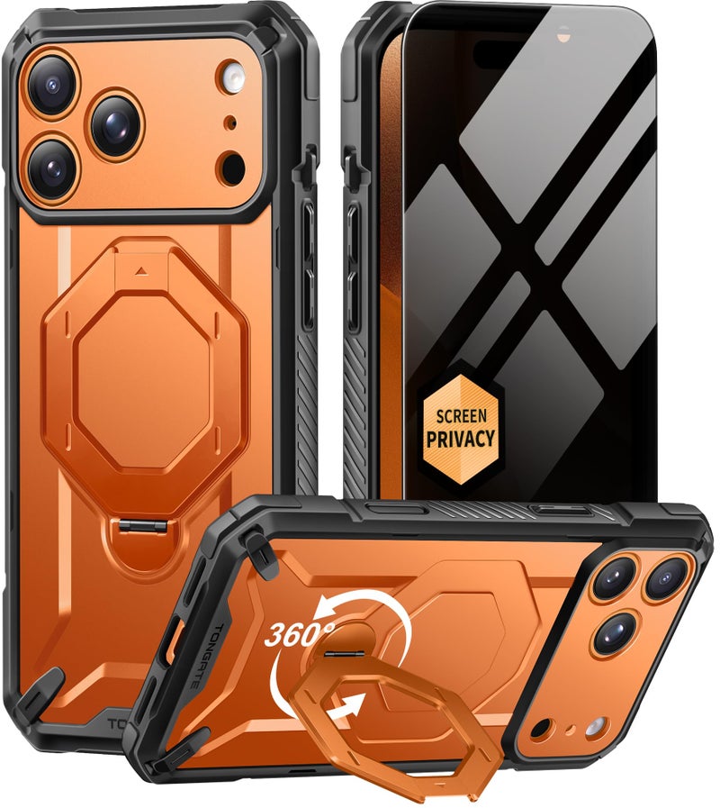 TONGATE for iPhone 17 Pro Case with 360° Spin Magnetic Stand, [Compatible with MagSafe][Military-Grade Protection] with Privacy Screen Protector & Camera Control Cover for iPhone 17 Pro, Orange - Image 1