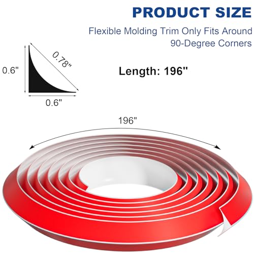 V-chen 196" Flexible Quarter Round Molding Trim, Peel and Stick Silicone Caulk Strip -Double Self-Adhesive Bendable Shoe Molding for Floor Edge, Wall Corner, Staircase & Cabinet (White) - Image 2