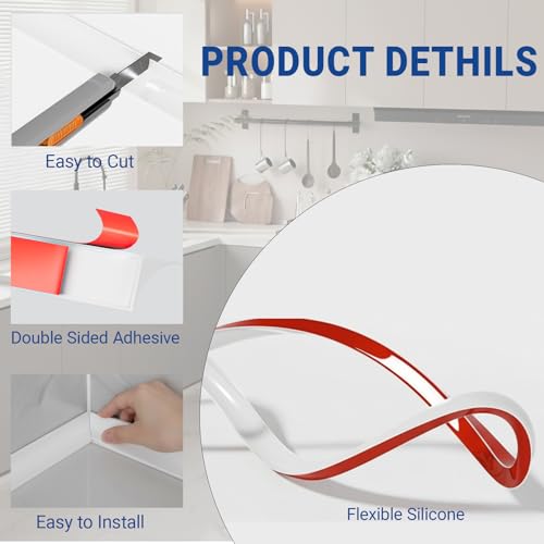 V-chen 196" Flexible Quarter Round Molding Trim, Peel and Stick Silicone Caulk Strip -Double Self-Adhesive Bendable Shoe Molding for Floor Edge, Wall Corner, Staircase & Cabinet (White) - Image 3