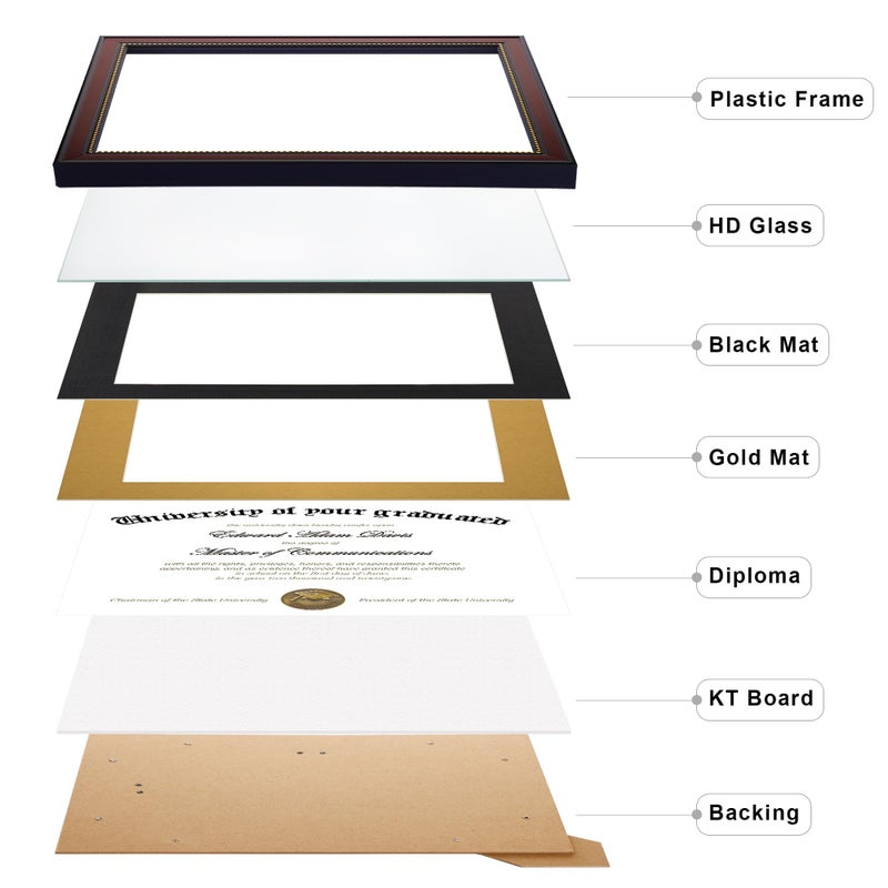 upsimples 11x14 Diploma Frame with High Definition Glass, Display 8.5x11 Certificate with Black over Gold Mat, Degree Document Frame for Wall and Tabletop, Mahogany with Gold Beads, 1 Pack - Image 2