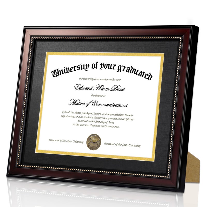 upsimples 11x14 Diploma Frame with High Definition Glass, Display 8.5x11 Certificate with Black over Gold Mat, Degree Document Frame for Wall and Tabletop, Mahogany with Gold Beads, 1 Pack - Image 4