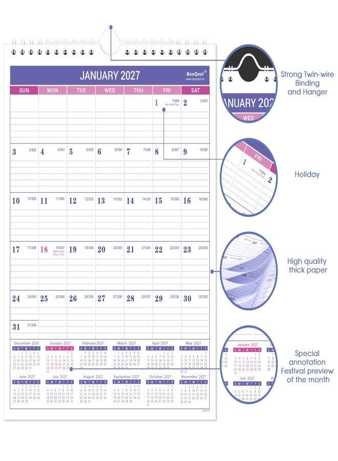 BooQool 2027 Wall Calendar - Small Wall Calendar 2027, JAN 2027 - DEC 2027, 8.5" x 11", Twin-Wire Binding, Ruled Blocks, Julian Dates, Premium Paper - Image 3