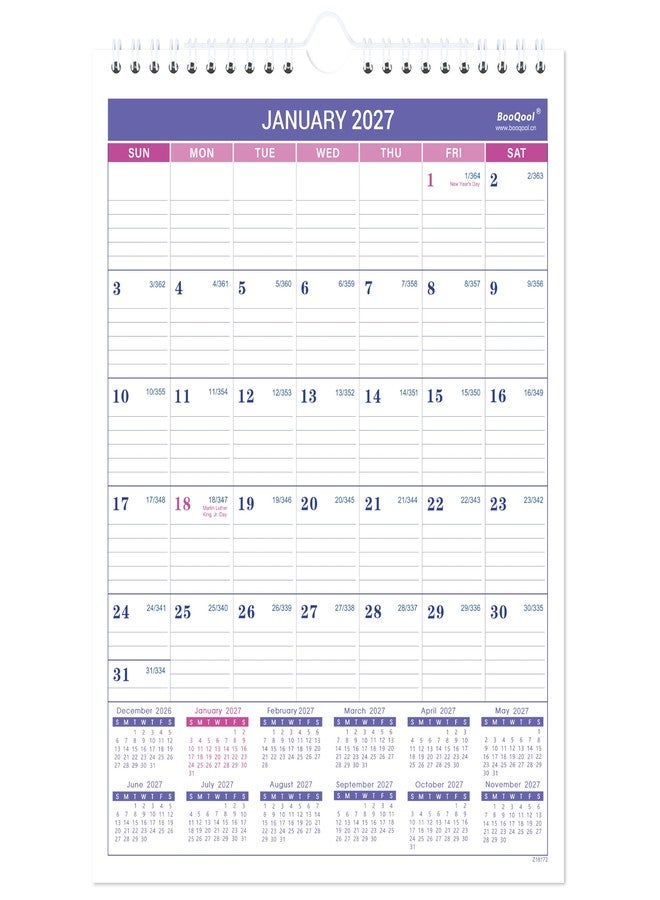BooQool 2027 Wall Calendar - Small Wall Calendar 2027, JAN 2027 - DEC 2027, 8.5" x 11", Twin-Wire Binding, Ruled Blocks, Julian Dates, Premium Paper - Image 1