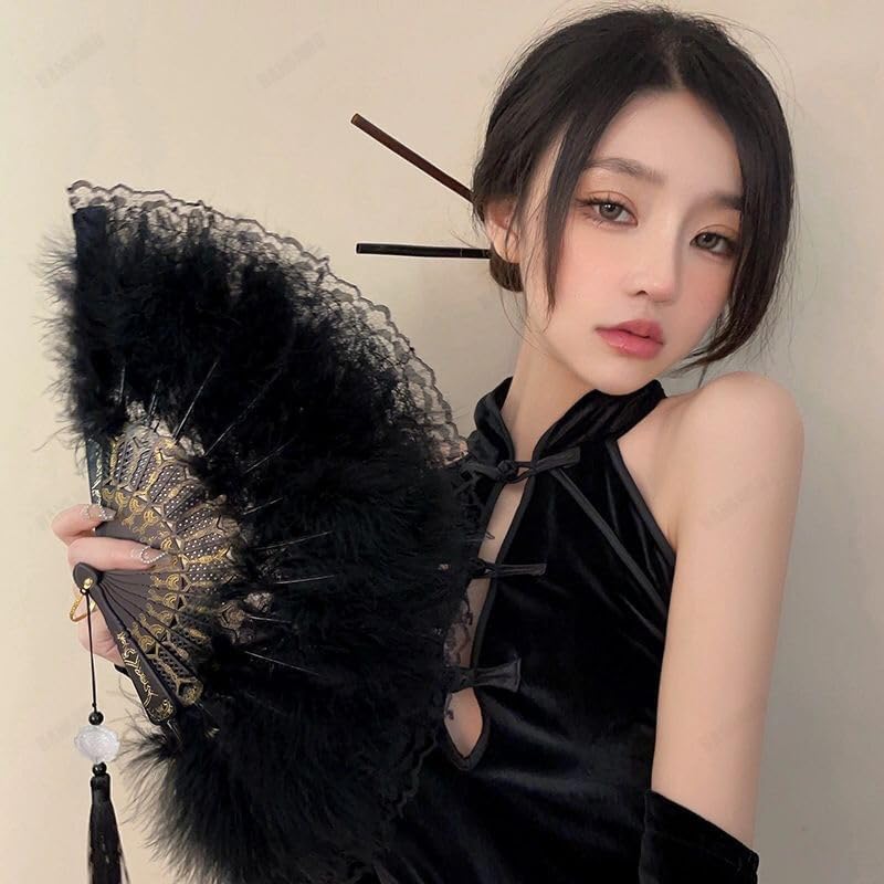 HANSAMU مروحة ريش سوداء 20s عتيقة ريترو دانتيل مروحة قابلة للطي محمولة للنساء والفتيات لعيد الهالوين تنكرية أزياء Props تصوير حفلات الأداء عرض الرقص زينة حفلات الشاي - Image 2