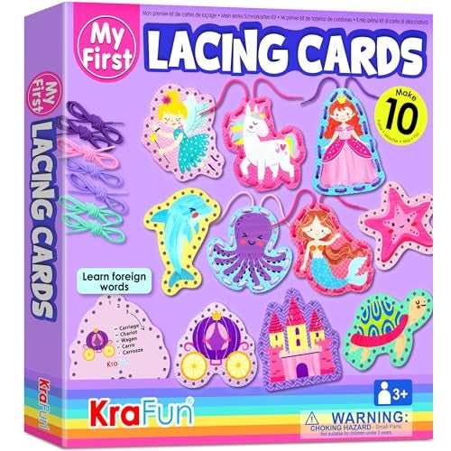 KRAFUN Beginner Unicorn My First Lacing Card Kit for Kids Arts & Crafts, 10 Easy Princess, Mermaid, Lacing Projects, Toddlers Lace Project, Fine Motor Preschool Skills Toys - Image 1