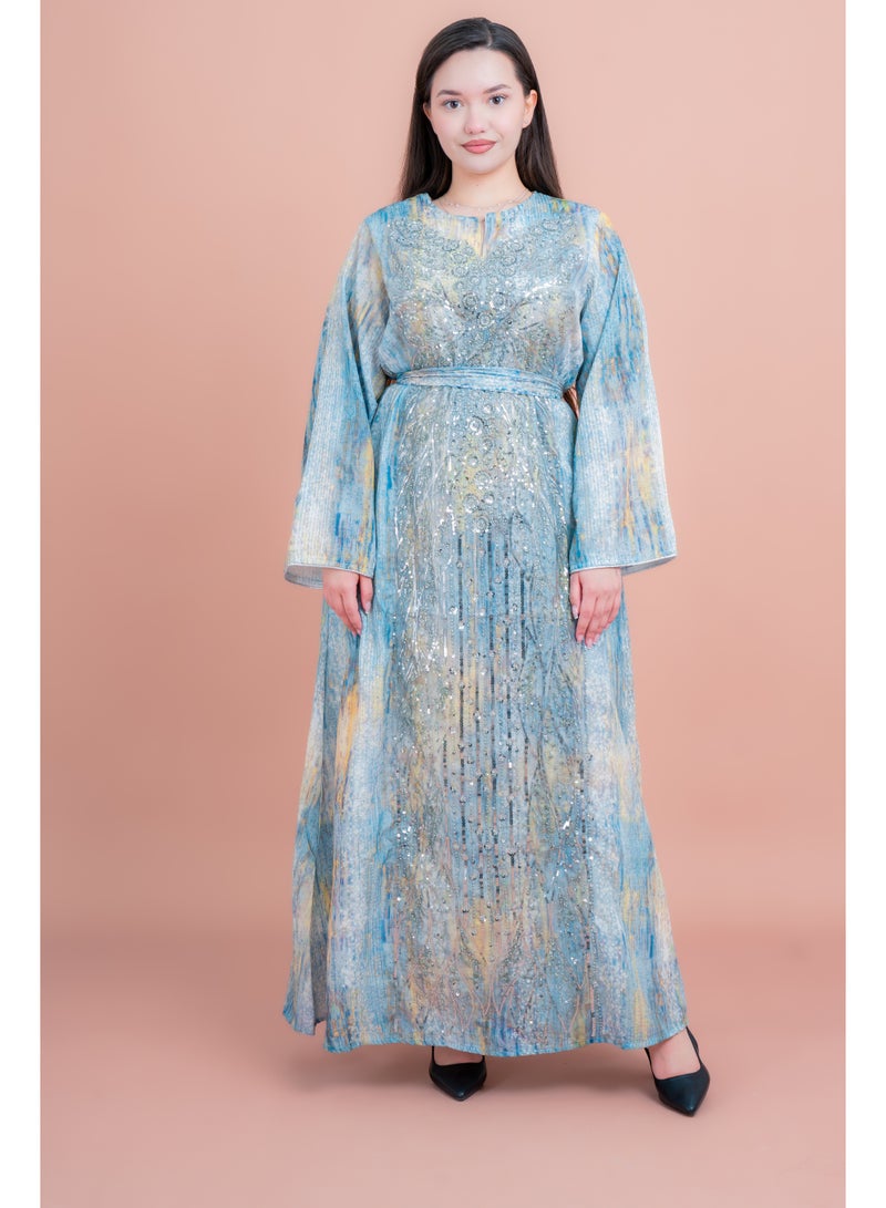 اكسا جلابية مطرزة لامعة زرقاء - Image 1