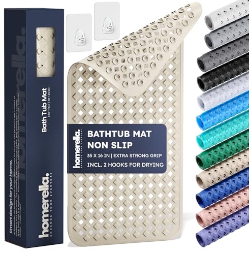 homerella Bathtub Mat Non Slip 35x16 Incl Hooks for Drying Extra Long 100 BPA Free Shower Mat Non Slip Anti Mold Machine Washable Shower Mats for Inside Shower Mildew Resistant