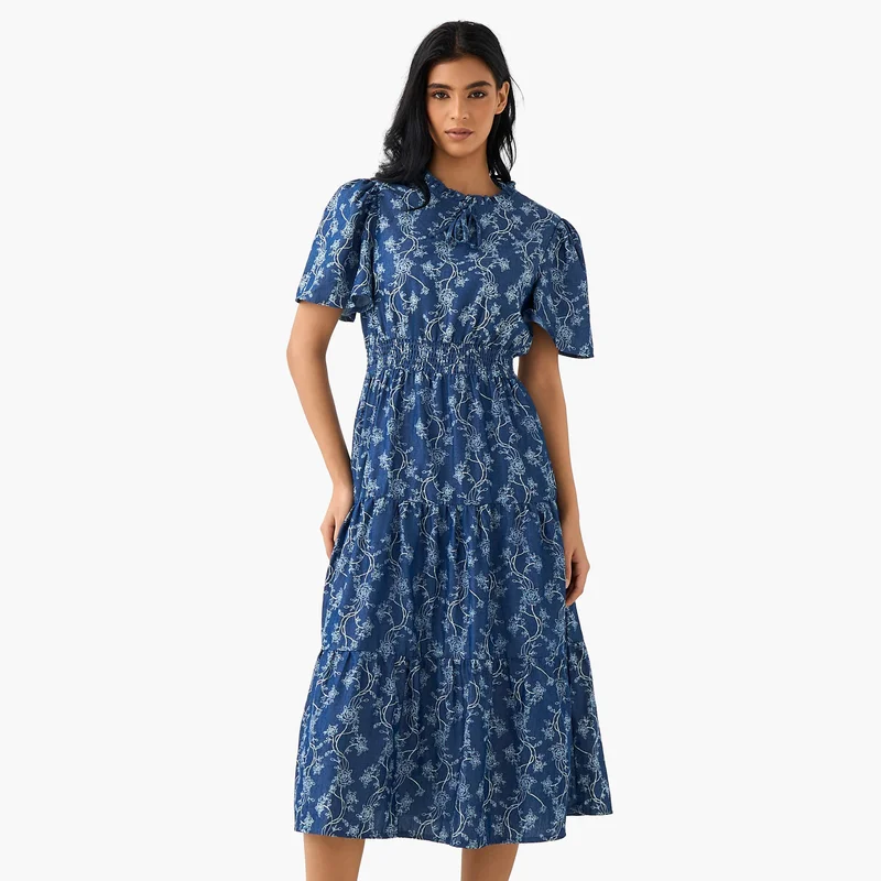 Tiered Midi Viscose Dress with Flutter Sleeves