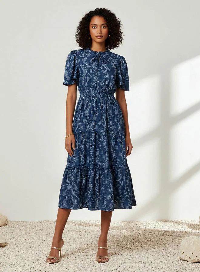 Splash FAV Tiered Midi Denim Dress with Flutter Sleeves