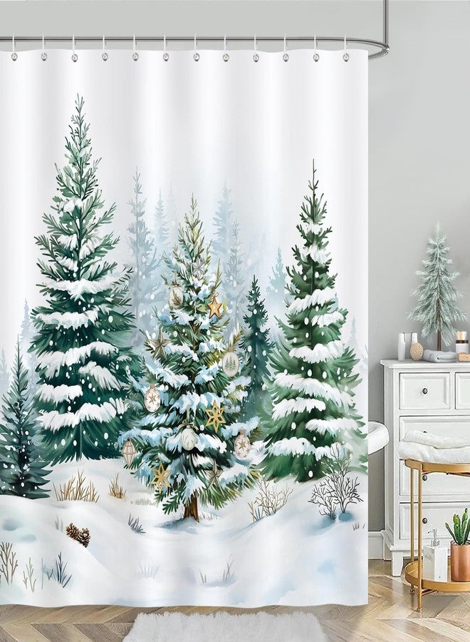Bonhause Winter Christmas Shower Curtain, Snowy Forest Pine Tree Snow Landscape Bathroom Decor 72 x 72 Inch Polyester Fabric Waterproof Bath Curtain with 12 Hooks - Image 1