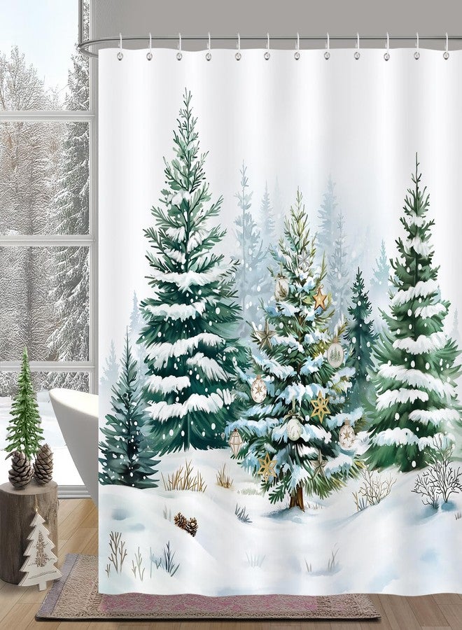 Bonhause Winter Christmas Shower Curtain, Snowy Forest Pine Tree Snow Landscape Bathroom Decor 72 x 72 Inch Polyester Fabric Waterproof Bath Curtain with 12 Hooks - Image 2