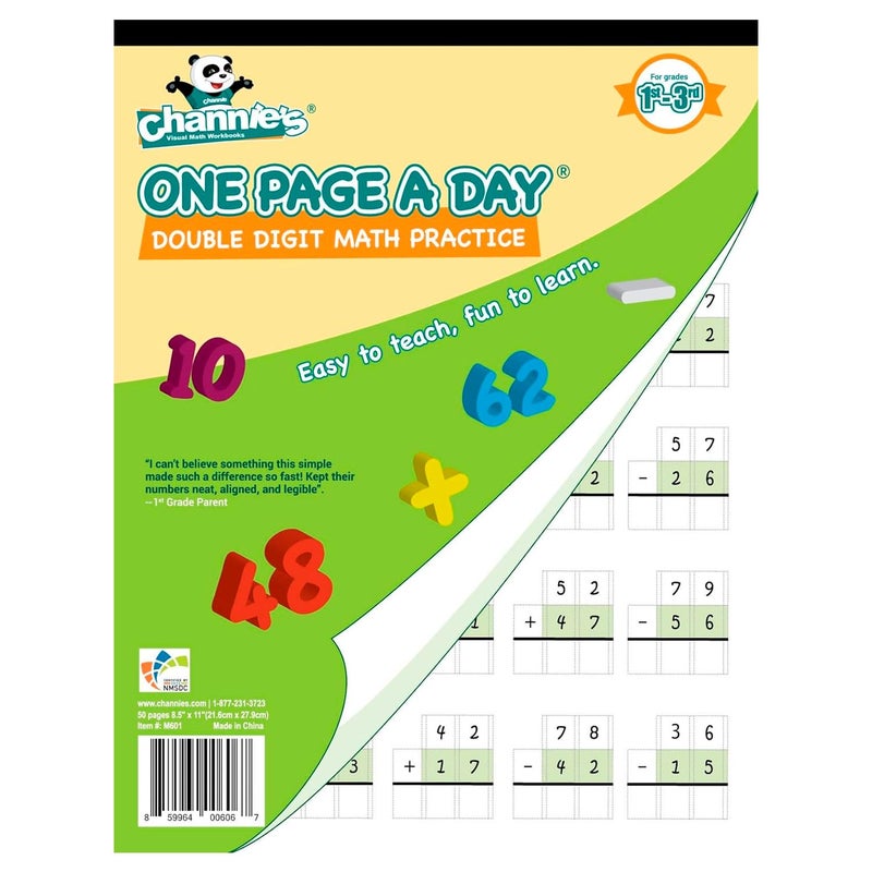 Channie's One Page A Day Double Digit Math Problem Workbook for 1st Graders, 2nd Graders, and 3rd Grade Simply Tear Off On Page a Day For Math Repetition Exercise! Addition and Subtraction Workbook - Image 1