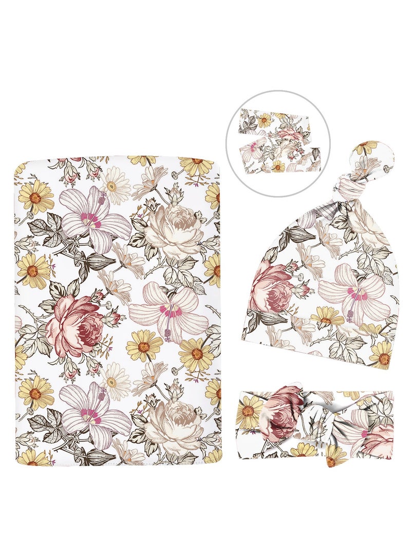 Baby Girl Newborn Receiving Blanket with Matching Headband and Beanie Set Baby Swaddle Floral Print Nursery Swaddle Wrap