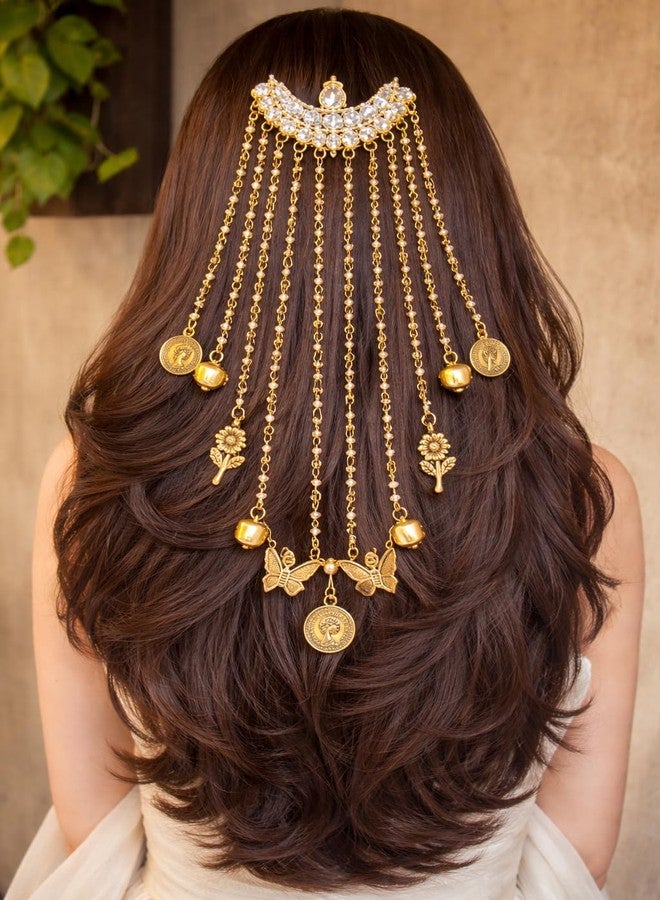 NIXTIL Elegant Gold-Plated Multi-Layer Pearl Hair Accessory with Butterfly and Floral Charms – Traditional Sheeshphool for Weddings & Festivals - Image 3