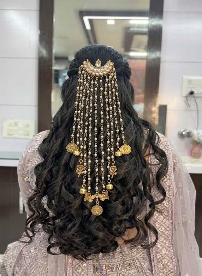 NIXTIL Elegant Gold-Plated Multi-Layer Pearl Hair Accessory with Butterfly and Floral Charms – Traditional Sheeshphool for Weddings & Festivals - Image 1