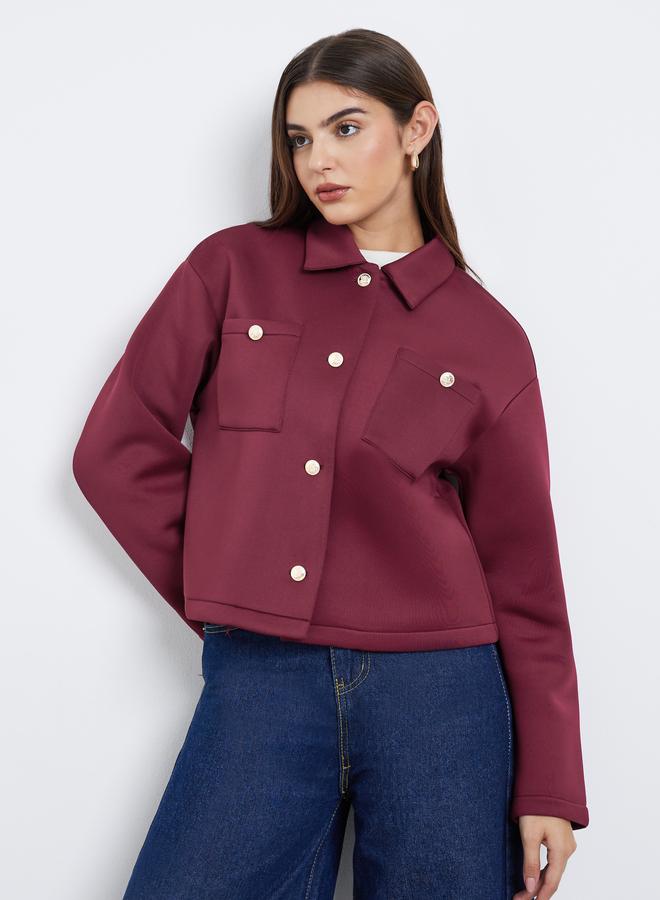 Styli Burgundy Regular Fit Short Length Trucker Jacket - Image 3