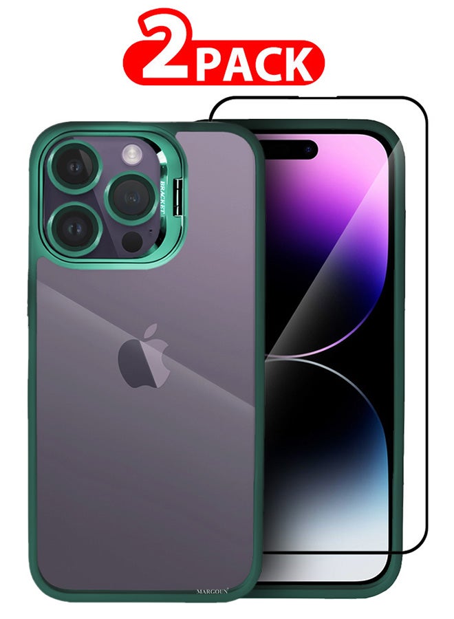 CATANES 2 Pack iPhone 14 Pro Case Cover and Lens Protector and Screen Protector Built-in Camera Stand and Compatible with MagSafe Full Body Shockproof Case Clear Green - Image 1