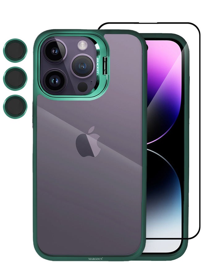 CATANES 2 Pack iPhone 14 Pro Case Cover and Lens Protector and Screen Protector Built-in Camera Stand and Compatible with MagSafe Full Body Shockproof Case Clear Green - Image 2