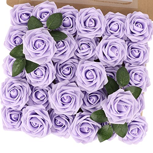 MACTING Artificial Lavender Flowers 30PCS Real Touch Fake Flowers with Stem Soft Foam Roses DIY Wedding Bouquet Boutonniere Table Centerpieces Party Spring Summer Home Decor