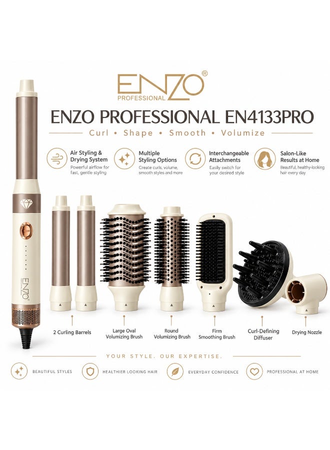 ENZO Professional EN4133PRO Air Styler & Dryer Multi-Styling Set with Curling Barrels, Volumizing Brushes, Smoothing Brush, Diffuser & Drying Nozzle, Beige/Cream - Image 2