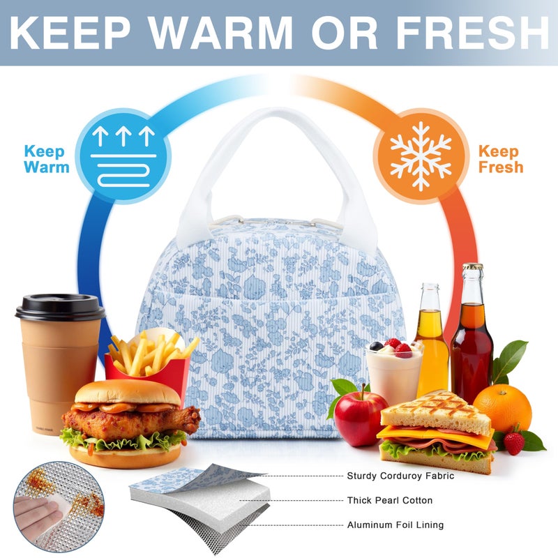 TESAFNG Lunch Bag - Insulated Lunch Box for Women, Reusable Large Capacity Cooler Bag for Adult, Small Leakproof Cute Corduroy Lunch Tote for Work Office Travel Picnic (Corduroy Blue-Flower) - Image 5