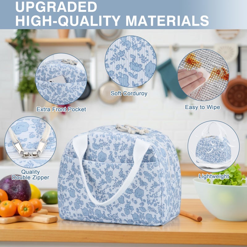TESAFNG Lunch Bag - Insulated Lunch Box for Women, Reusable Large Capacity Cooler Bag for Adult, Small Leakproof Cute Corduroy Lunch Tote for Work Office Travel Picnic (Corduroy Blue-Flower) - Image 3