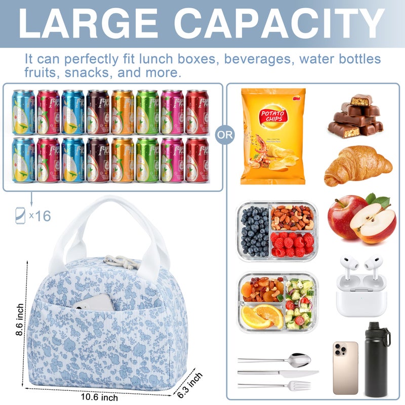 TESAFNG Lunch Bag - Insulated Lunch Box for Women, Reusable Large Capacity Cooler Bag for Adult, Small Leakproof Cute Corduroy Lunch Tote for Work Office Travel Picnic (Corduroy Blue-Flower) - Image 2