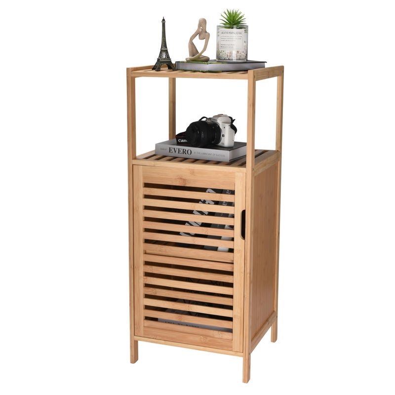 WHOLE HOUSEWARES Bamboo Storage Cabinet Freestanding Organizer with Doors and MultiTier Purpose Shelf for Bathroom Bedroom Kitchen Entryway 34x14x13Inch