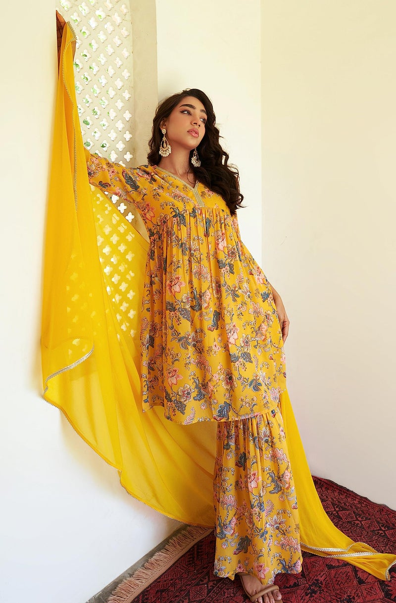 Janasya Women's Yellow Georgette Digital Floral Printed Kurta with Sharara and Dupatta(SET754-KR-SHA-XS) - Image 3
