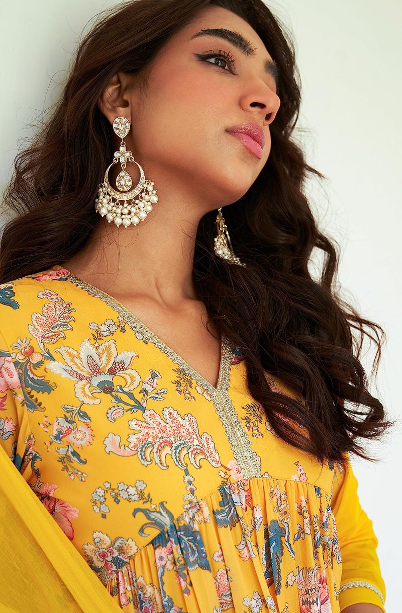Janasya Women's Yellow Georgette Digital Floral Printed Kurta with Sharara and Dupatta(SET754-KR-SHA-XS) - Image 4