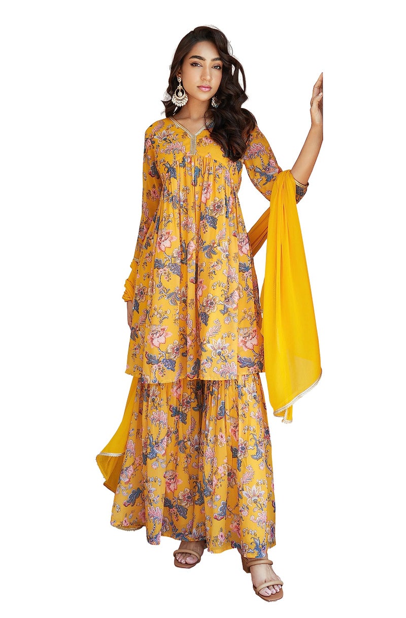 Janasya Women's Yellow Georgette Digital Floral Printed Kurta with Sharara and Dupatta(SET754-KR-SHA-XS) - Image 1