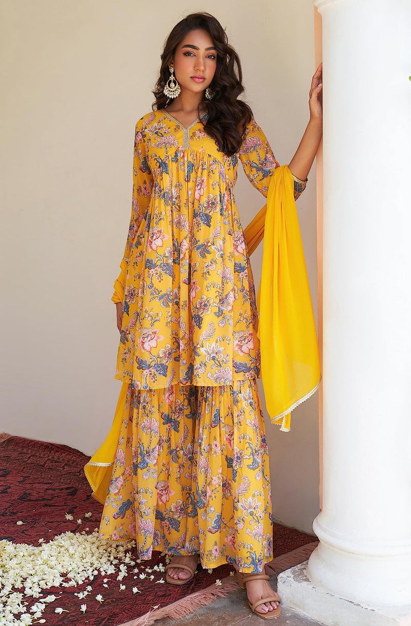 Janasya Women's Yellow Georgette Digital Floral Printed Kurta with Sharara and Dupatta(SET754-KR-SHA-XS) - Image 2