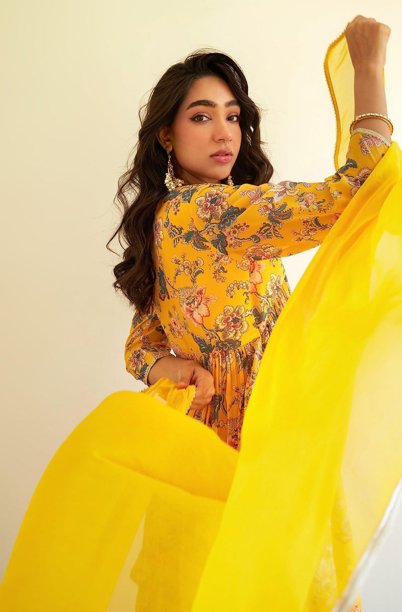Janasya Women's Yellow Georgette Digital Floral Printed Kurta with Sharara and Dupatta(SET754-KR-SHA-XS) - Image 5