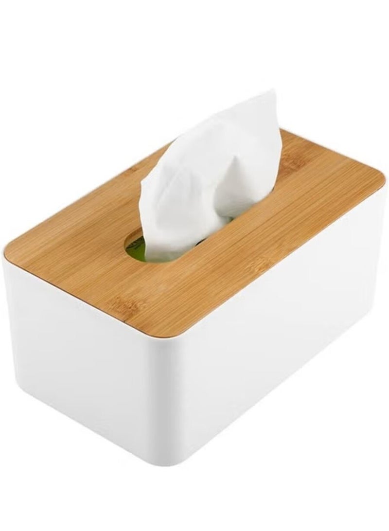 Plastic Rectangular Shape Facial Tissue Box With Bamboo Cover White 23x13x10cm - Image 1