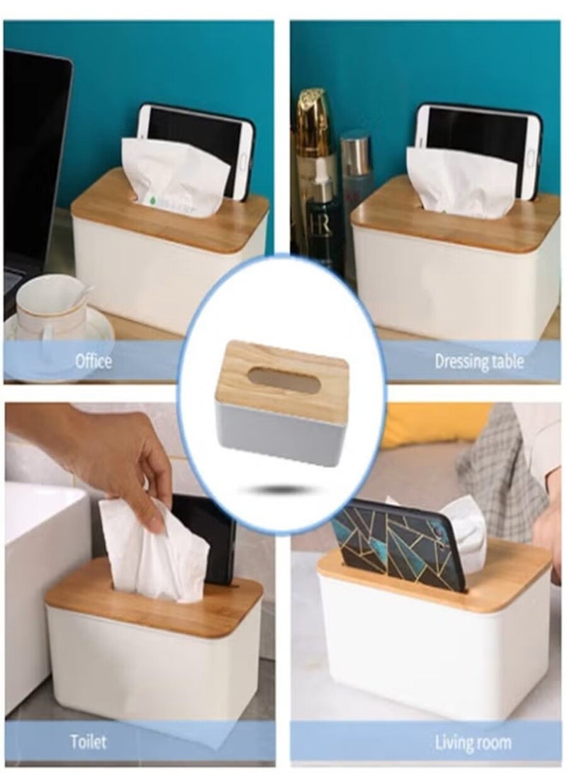 Plastic Rectangular Shape Facial Tissue Box With Bamboo Cover White 23x13x10cm - Image 3
