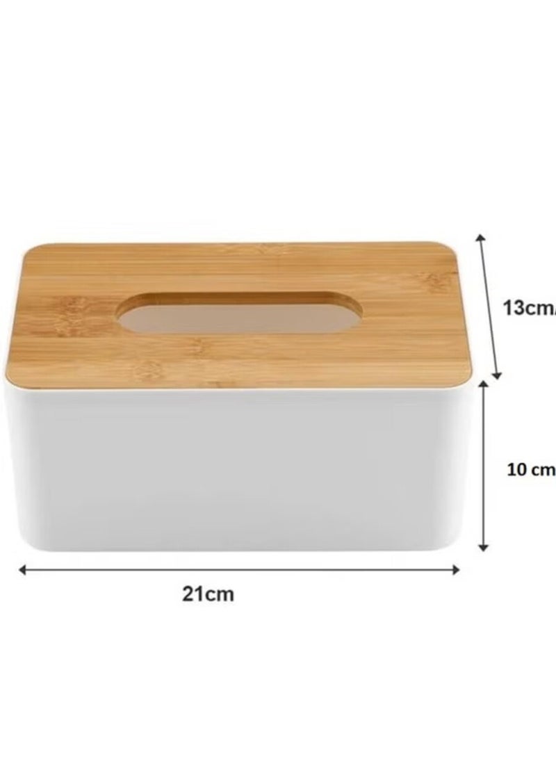 Plastic Rectangular Shape Facial Tissue Box With Bamboo Cover White 23x13x10cm - Image 4