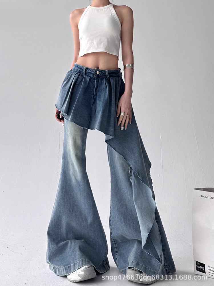 Autumn Jeans Fashion American Retro Loose Irregular Skirt-Style Flared High Street Straight Pants - Image 2