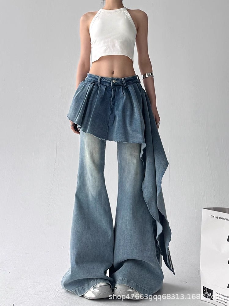 Autumn Jeans Fashion American Retro Loose Irregular Skirt-Style Flared High Street Straight Pants - Image 3