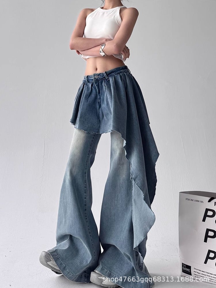 Autumn Jeans Fashion American Retro Loose Irregular Skirt-Style Flared High Street Straight Pants - Image 5