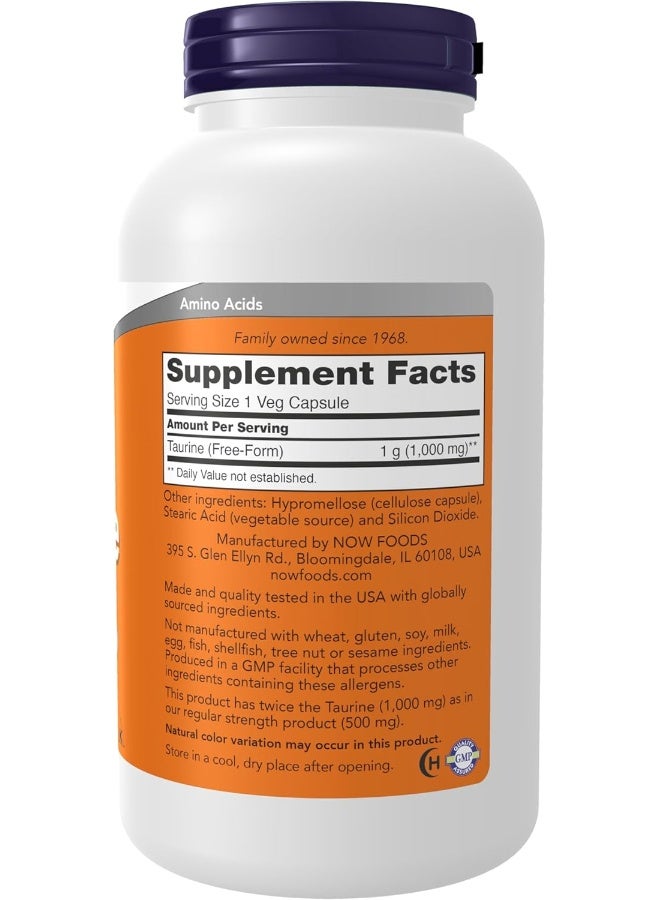 NOW Foods Supplements, Taurine 1,000 mg, Double Strength, Nervous System Health*, 250 Veg Capsules - Image 2