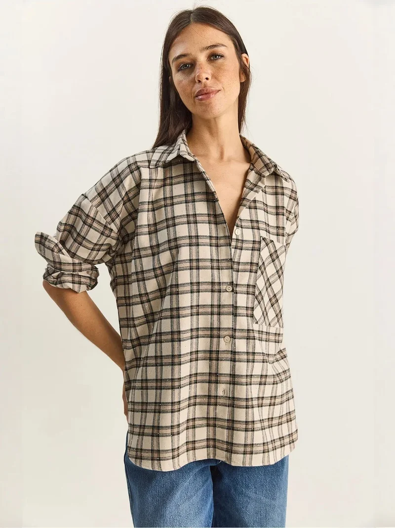 بيانكو لوتشي LUCCI Oversized Long Sleeve Plaid Shirt with Pocket