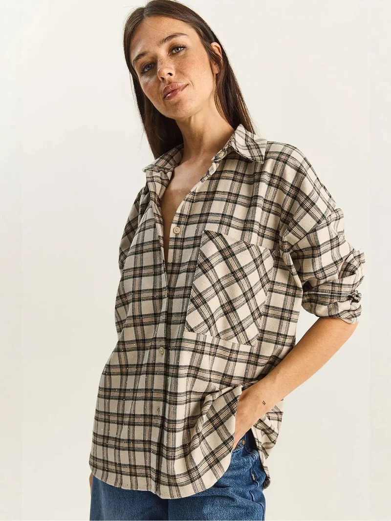 بيانكو لوتشي LUCCI Oversized Long Sleeve Plaid Shirt with Pocket